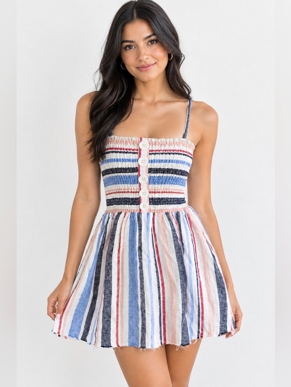 Indigo Rein -  Linen Striped Smocked Mini Dress